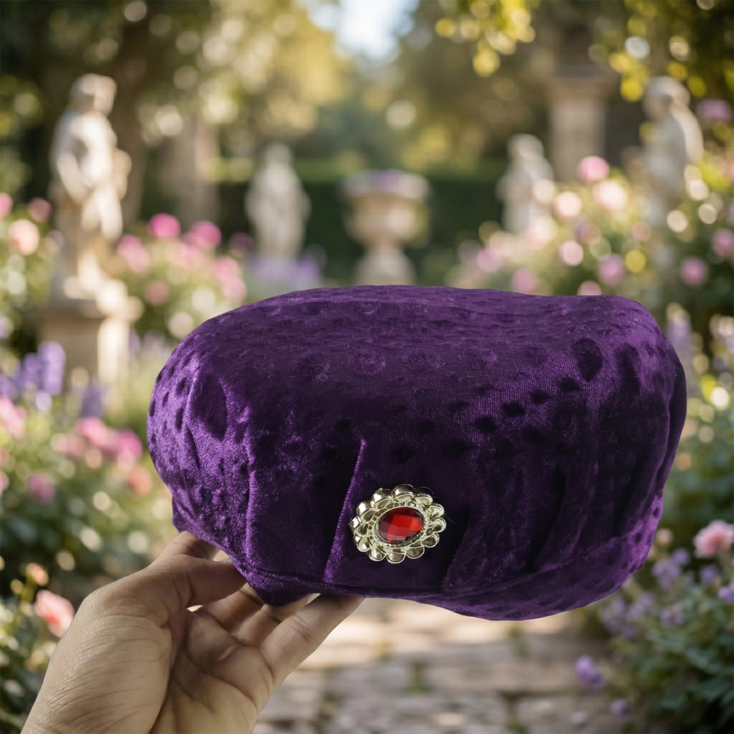 Lightweight velvet boys cap from front angle