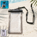 Main view of black waterproof mobile pouch with lanyard