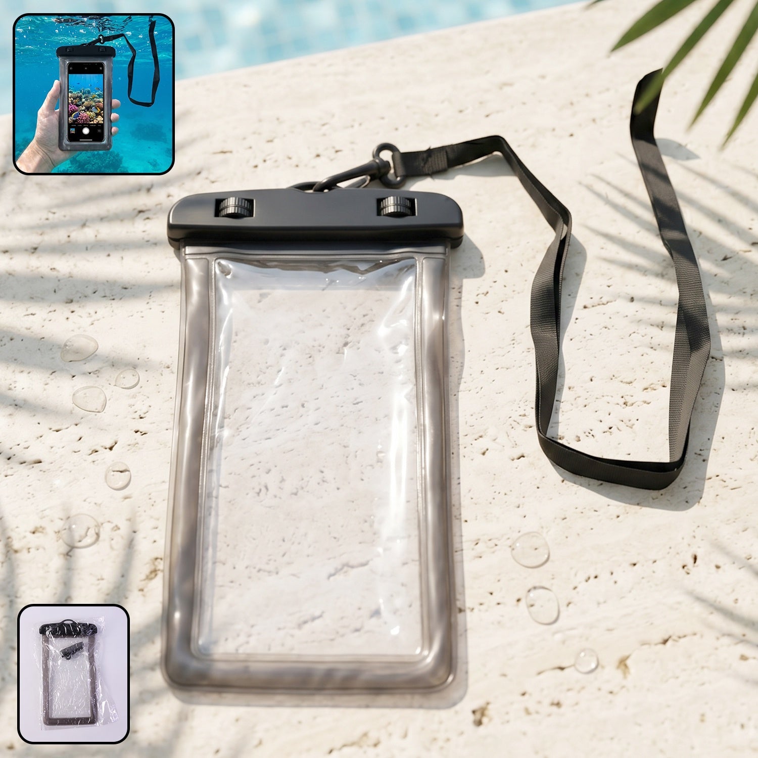 Main view of black waterproof mobile pouch with lanyard