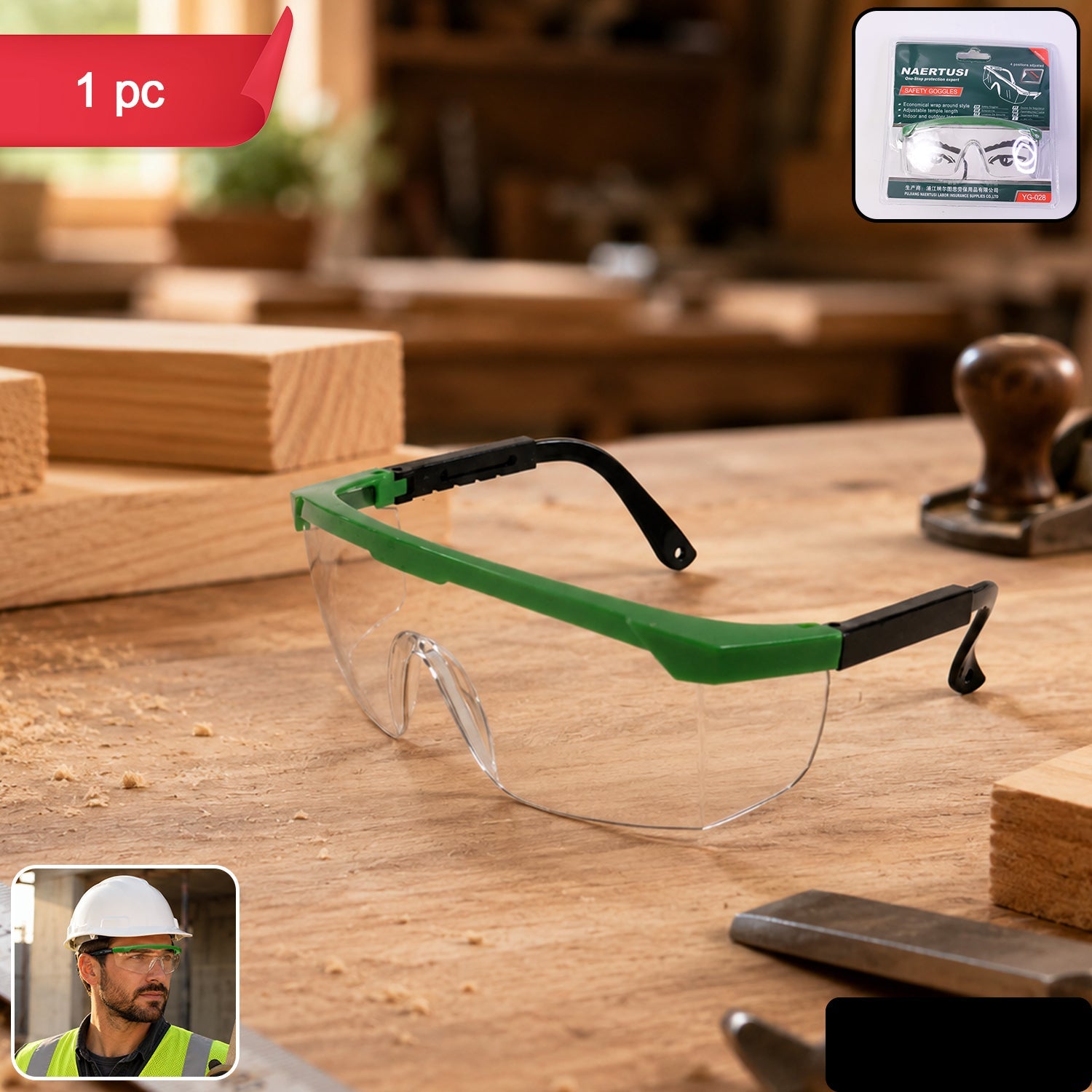 Impact-resistant safety goggles with adjustable temples and clear polycarbonate lens