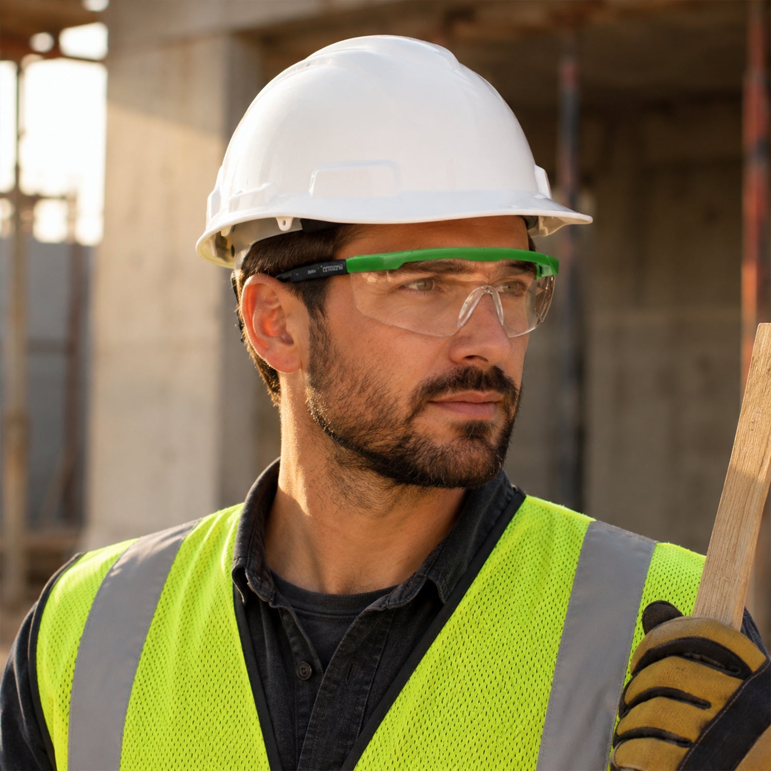 Clear polycarbonate impact-resistant lens on safety goggles