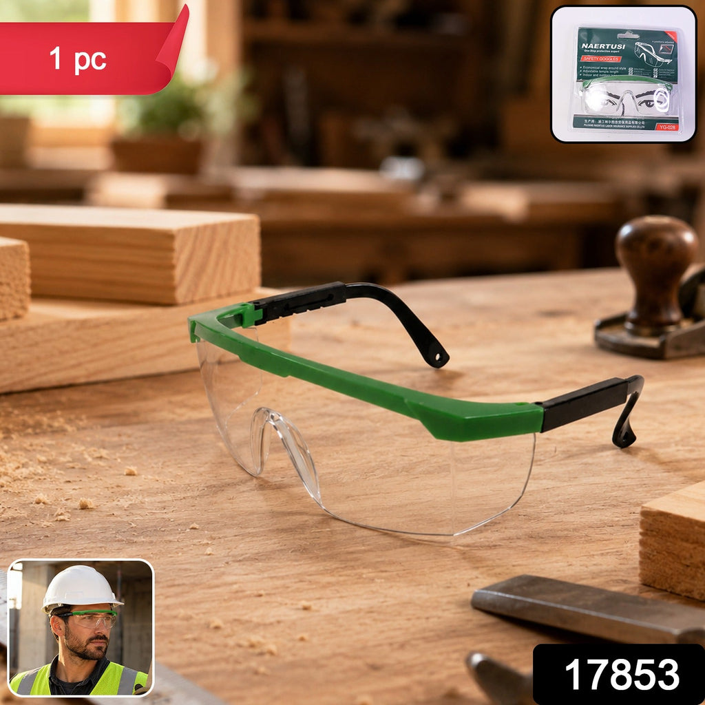 Safety goggles showing adjustable temple length for customized fit