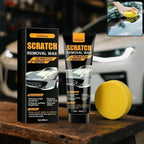 Scratch removal wax tube and applicator demonstrating car paint scratch repair