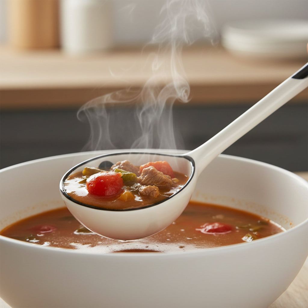 Polycarbonate soup ladle 17cm featuring integrated hanging hole for storage