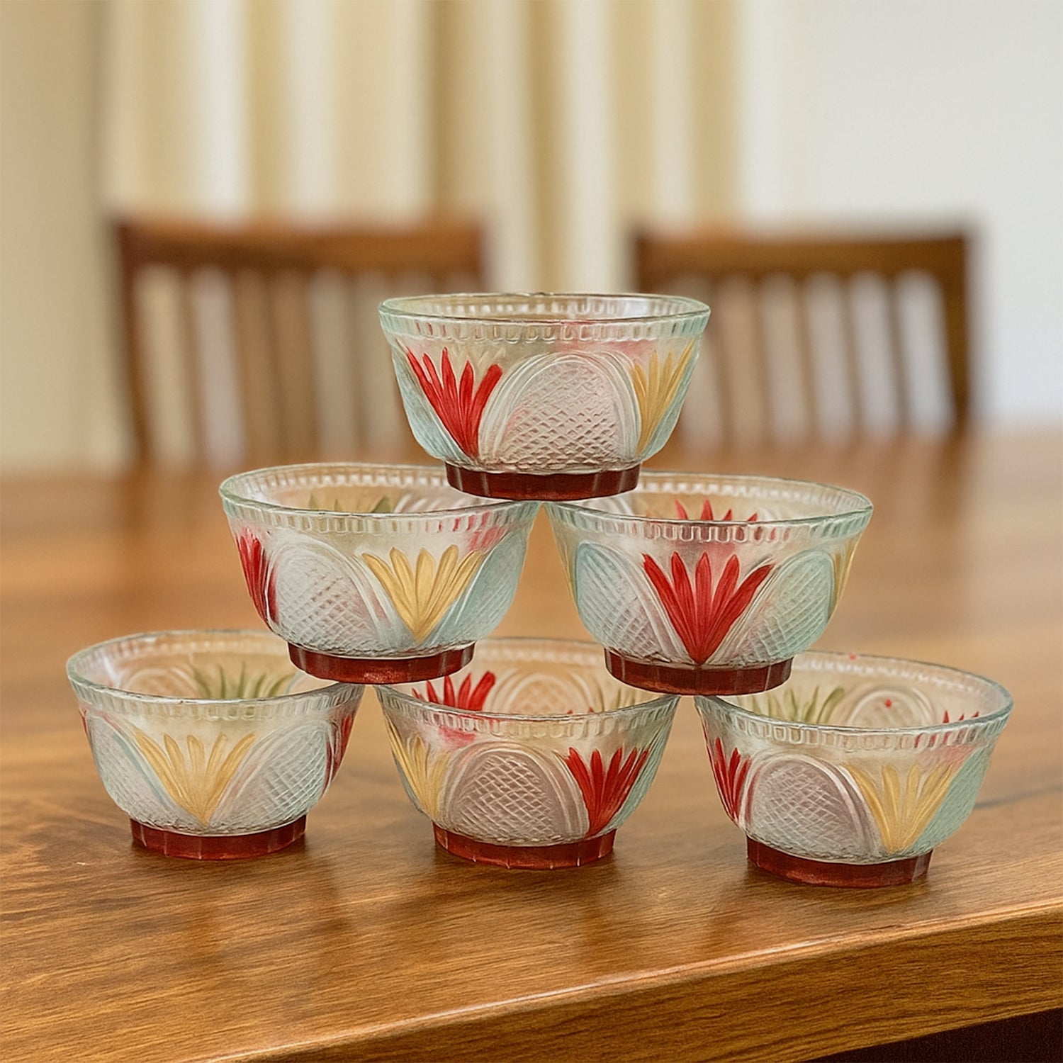 Glass dessert bowls filled with delicious ice cream and fruits, ready to serve.