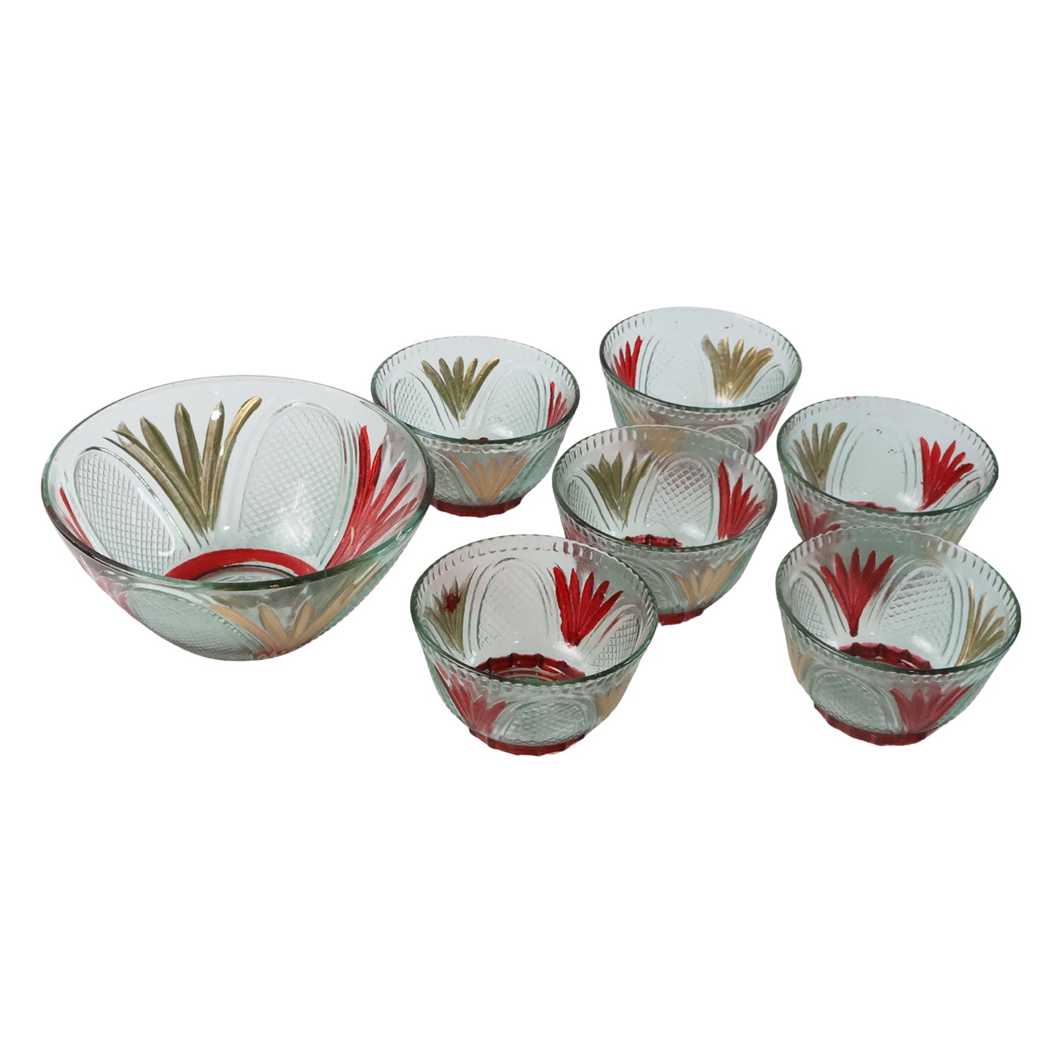Different sizes of the glass pudding bowls, including one large and six medium.