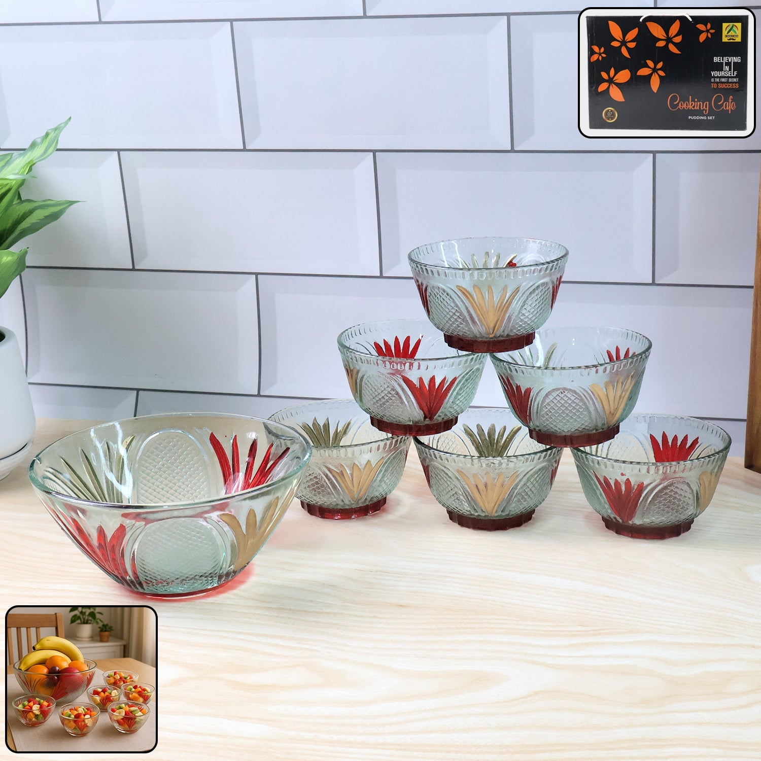 Elegant rose design glass dessert bowl set, 7 pieces, arranged for serving.