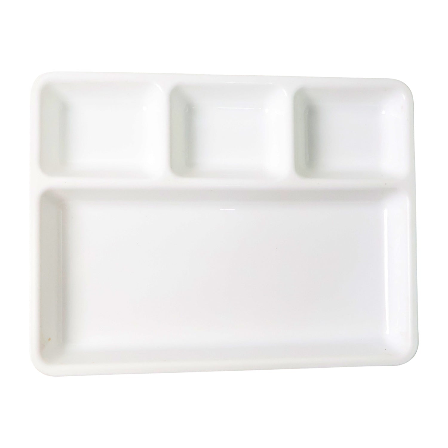 Stack of multiple 4-compartment serving trays for compact storage.