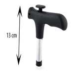 Stainless steel coconut driller tool with a sturdy grip.