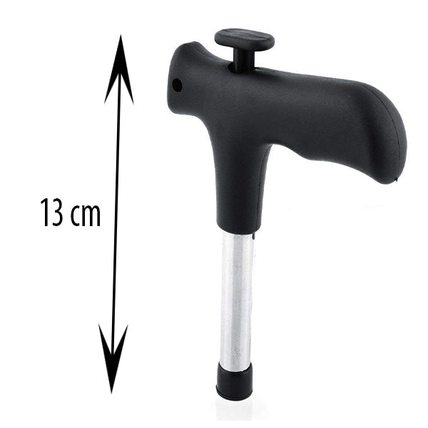 Stainless steel coconut driller tool with a sturdy grip.