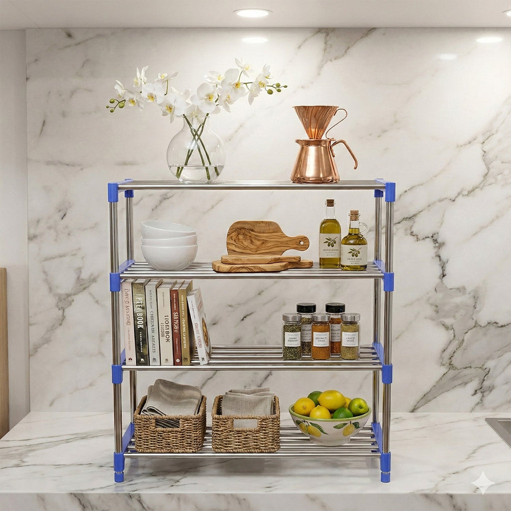 Assembled 4-layer shoe rack organizer viewed from an angle