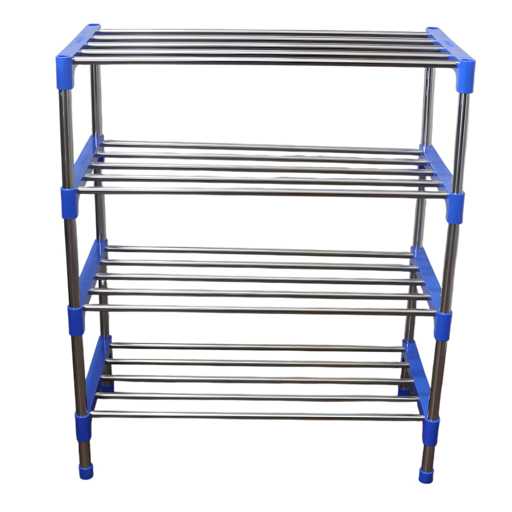 Rod-style shoe rack with blue plastic connectors ensuring stability