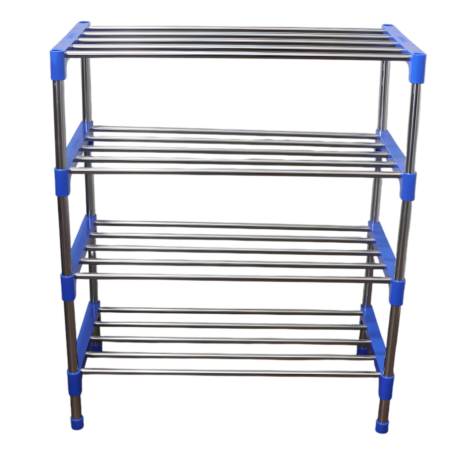 Rod-style shoe rack with blue plastic connectors ensuring stability