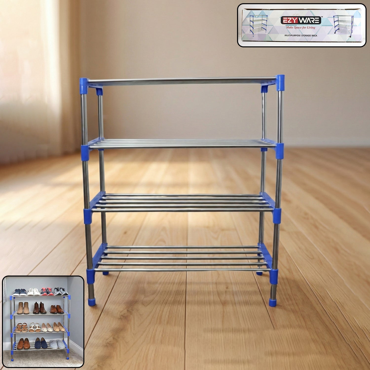 4-layer stainless steel shoe rack organizer providing ample shoe storage