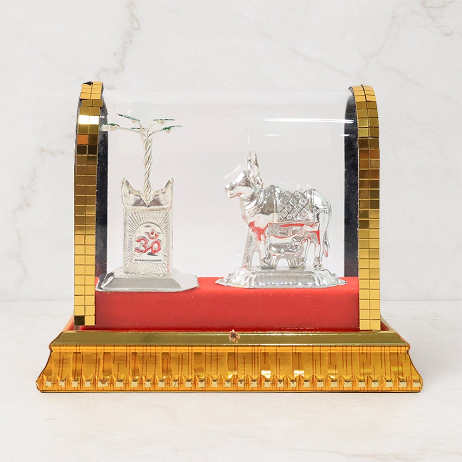 Kamdhenu cow and calf idol with Tulsi plant in transparent acrylic case
