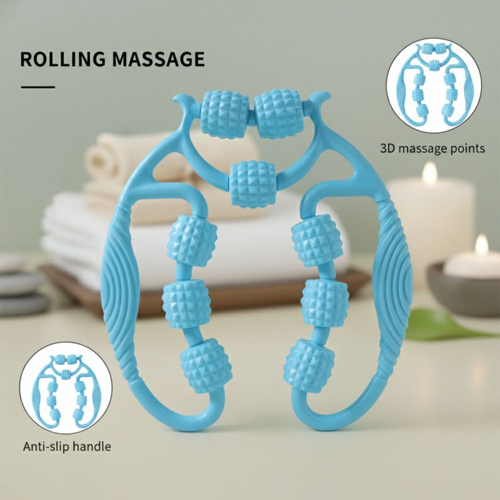 Detailed view of textured rolling balls on handheld massage roller