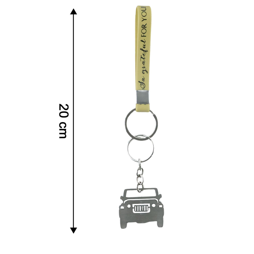 Size reference for jeep-shaped metal keychain with dual keyrings
