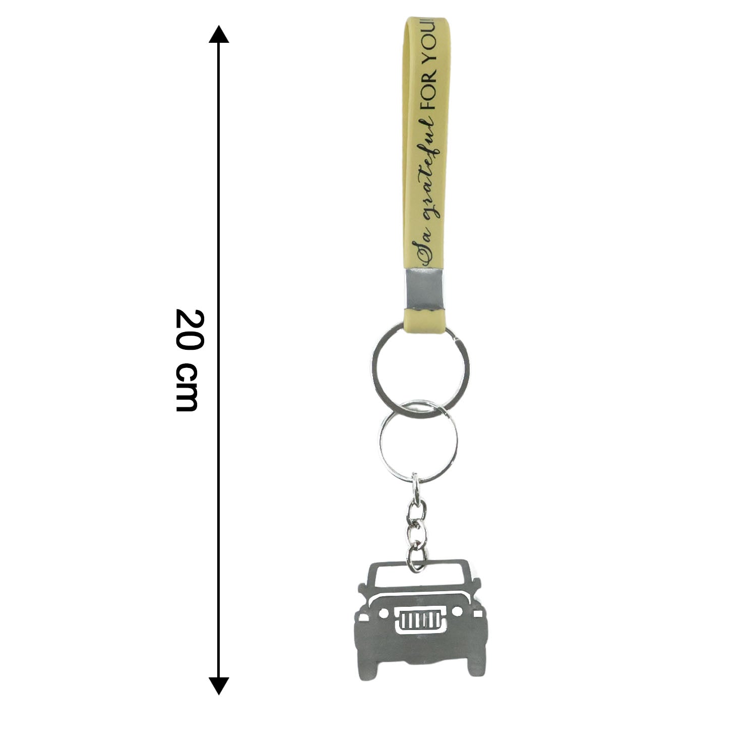 Size reference for jeep-shaped metal keychain with dual keyrings