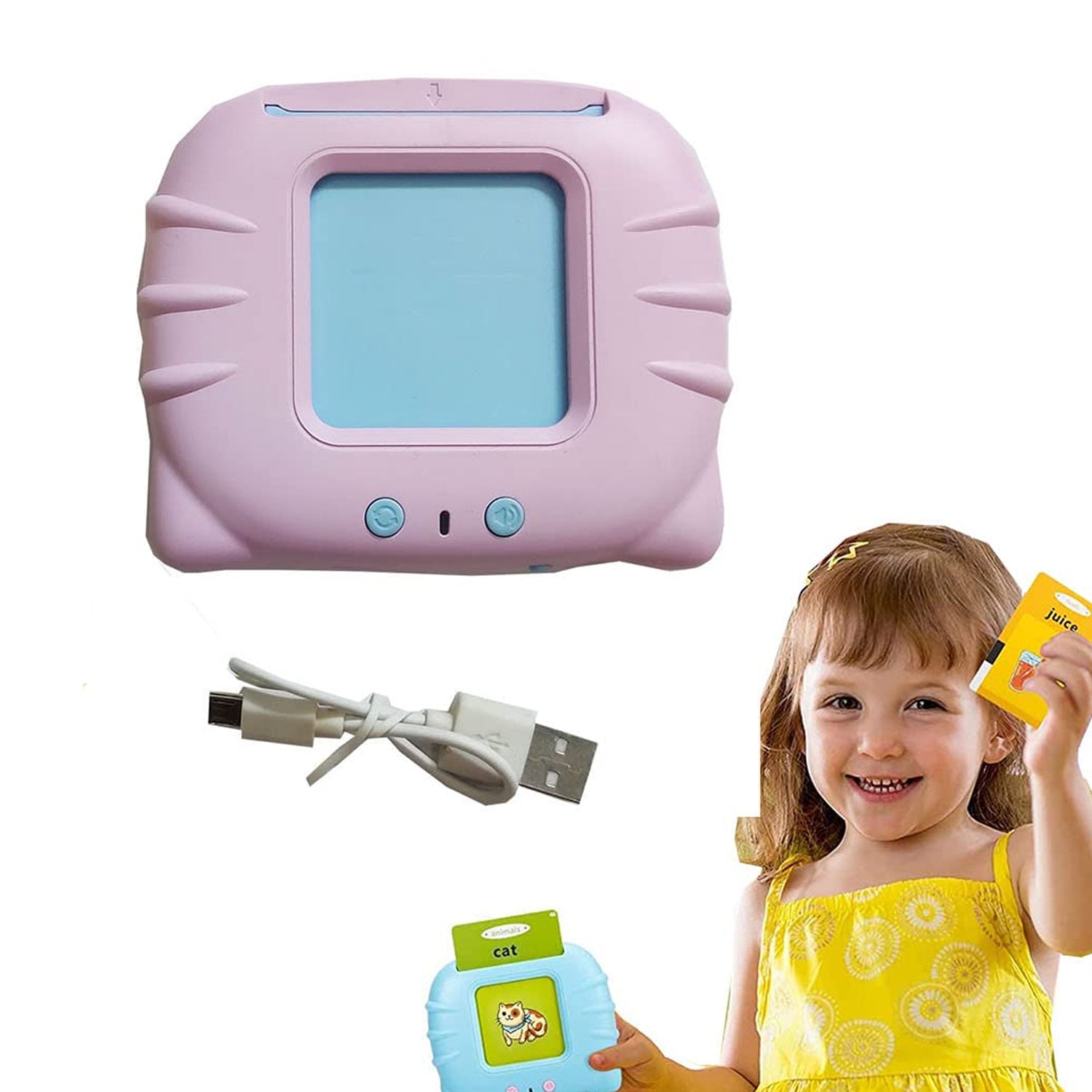 The kids language learning machine with all 224 flash cards displayed.