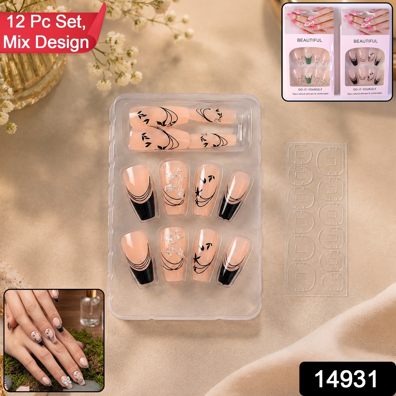 Close-up of glossy burgundy and white floral artificial press-on nails