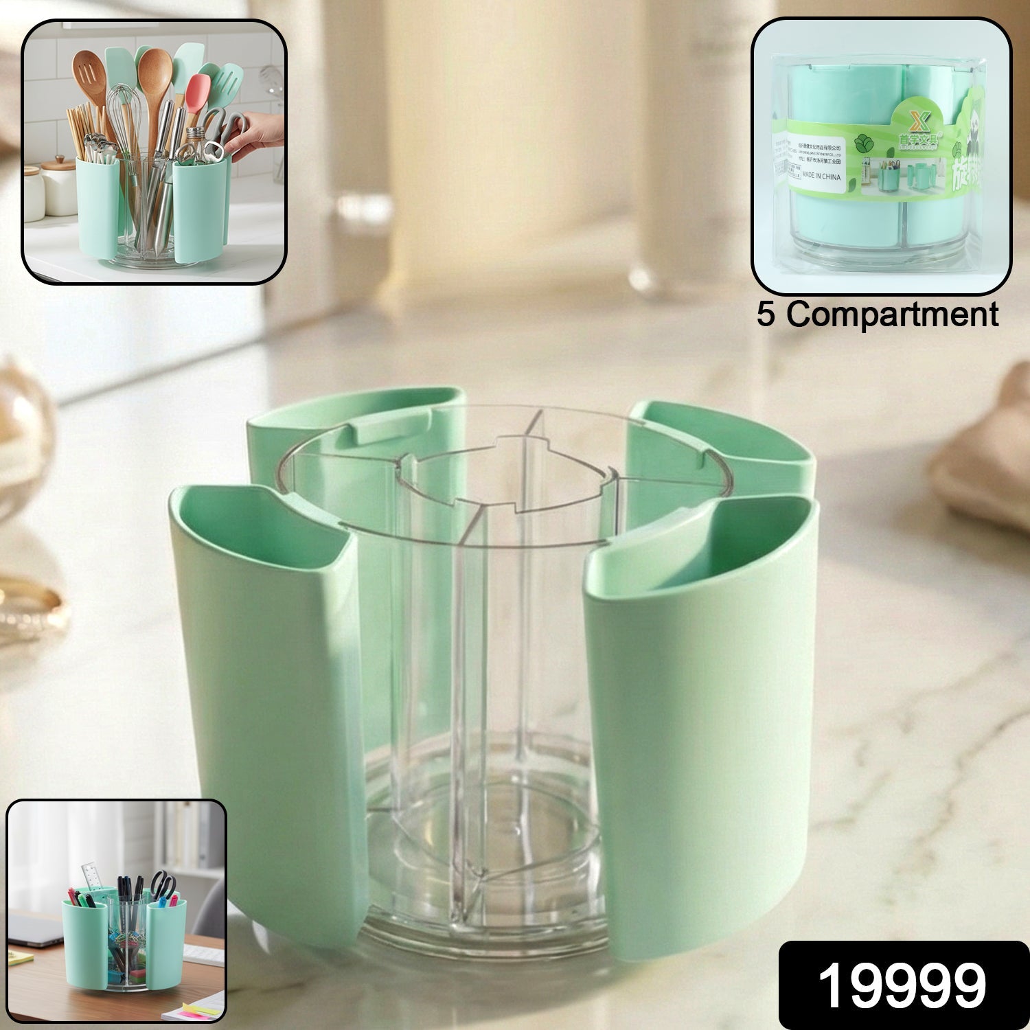 Transparent central storage cup in rotating pen holder for pens and pencils