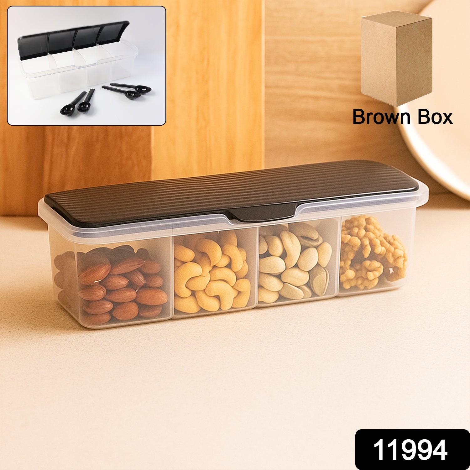 Top view of multipurpose spice box showing four compartments and airtight lids