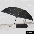 Comparison shot of the folded compact umbrella with a small water bottle, emphasizing its travel-friendly size.