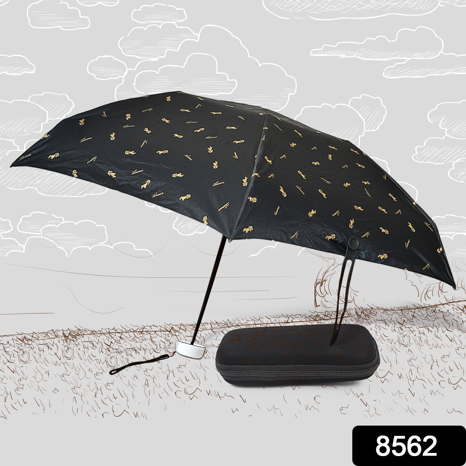 Comparison shot of the folded compact umbrella with a small water bottle, emphasizing its travel-friendly size.