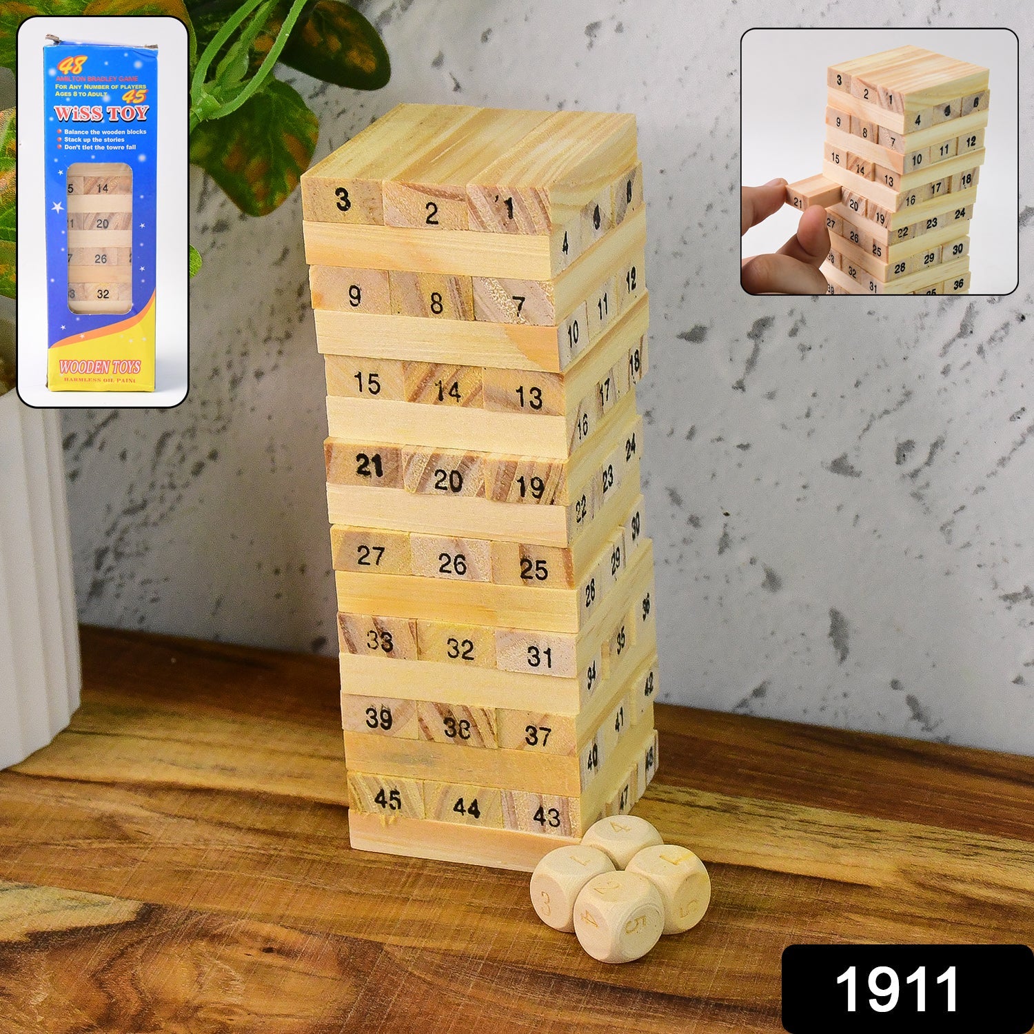 The BlissDolly Wooden Stacking Game set, showing 48 wooden blocks and four colored dice in its packaging.