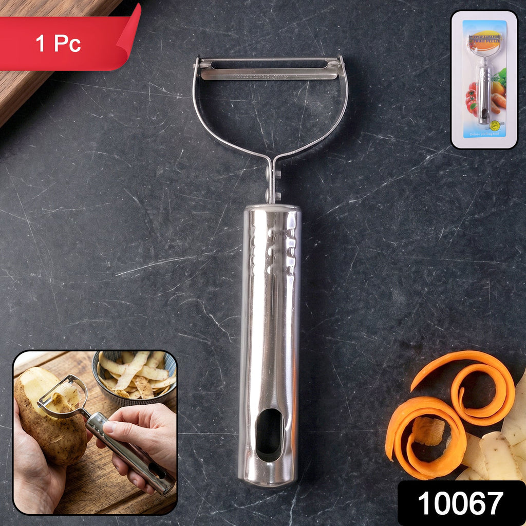 Close-up of stainless steel vegetable peeler showing sharp blade