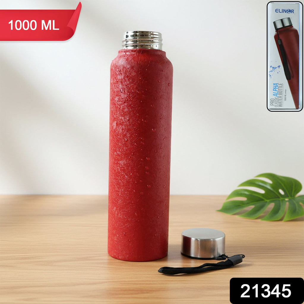 Angled side view of red insulated stainless steel water bottle