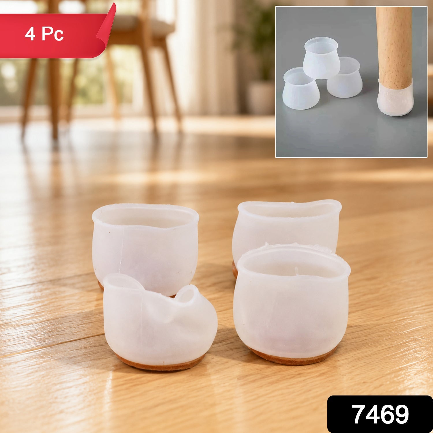 Close-up of flexible silicone chair leg protectors preventing noise and floor damage