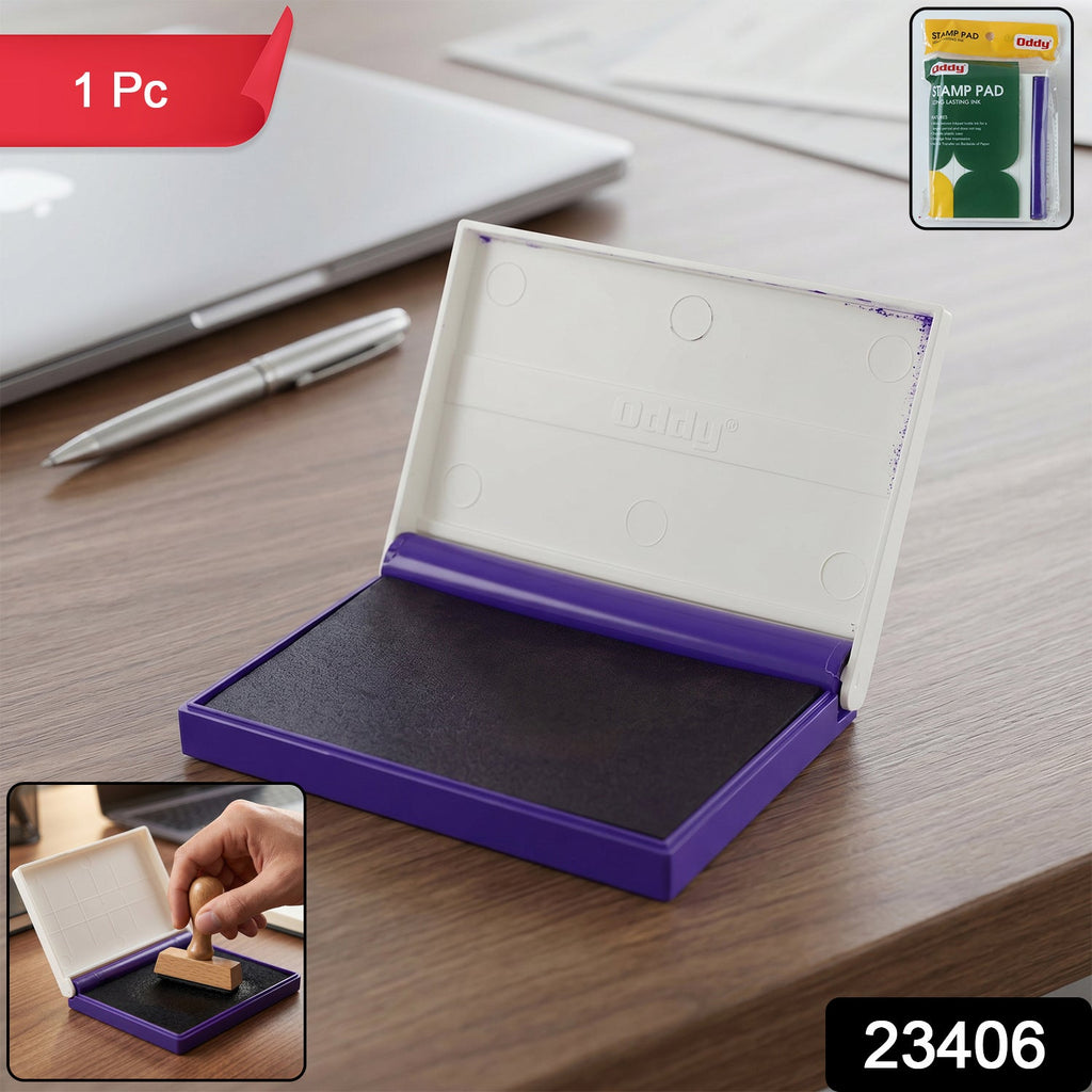 Open ink stamp pad showing vibrant blue ink, ideal for clear impressions.
