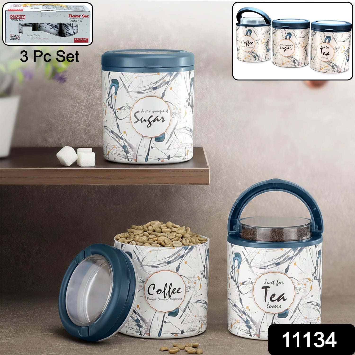 Set of three plastic kitchen containers with printed labels for tea, coffee and sugar storage