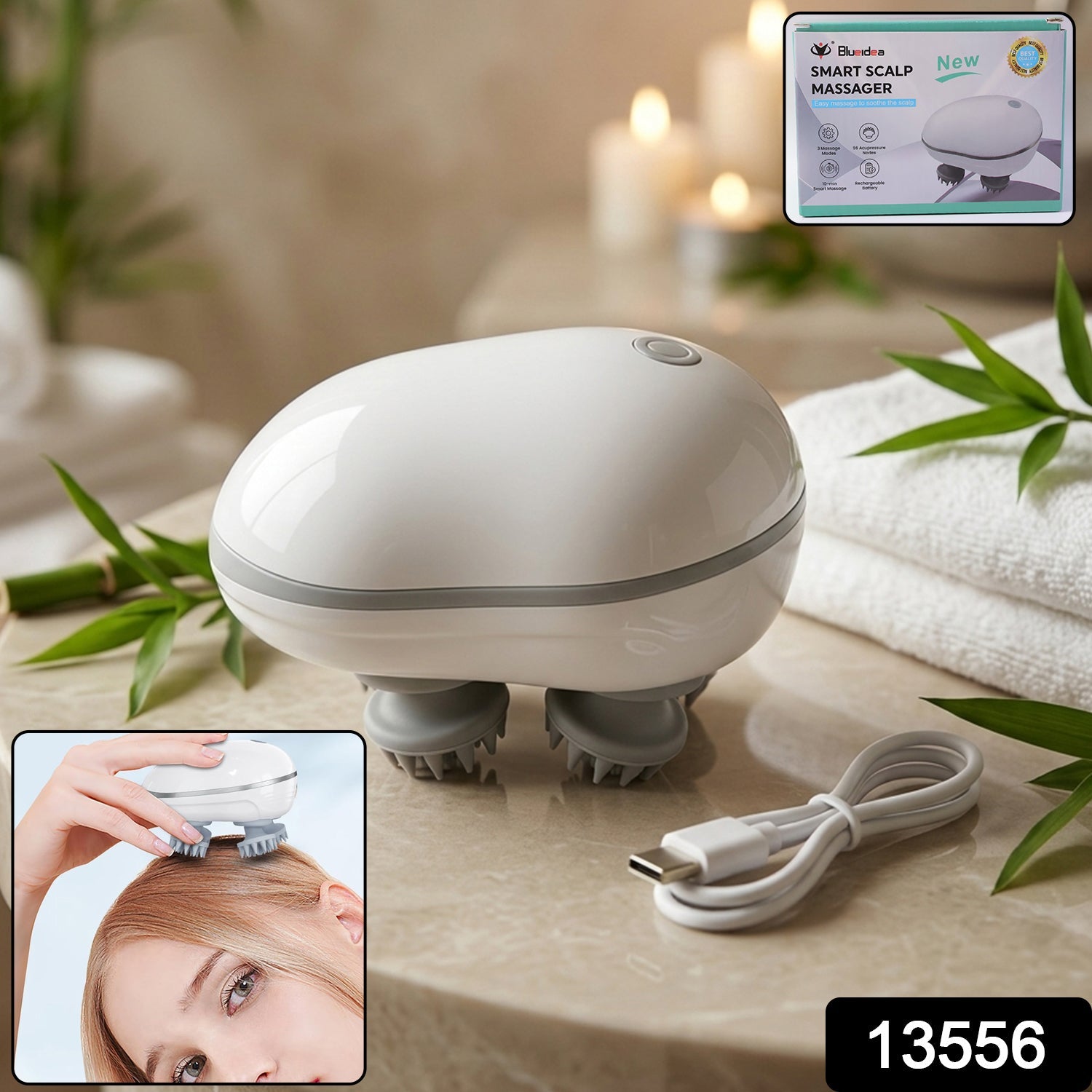 Side view of electric scalp massager showing ergonomic grip design