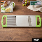 Close-up of the potato slicer's stainless steel blade, ready for cutting vegetables.