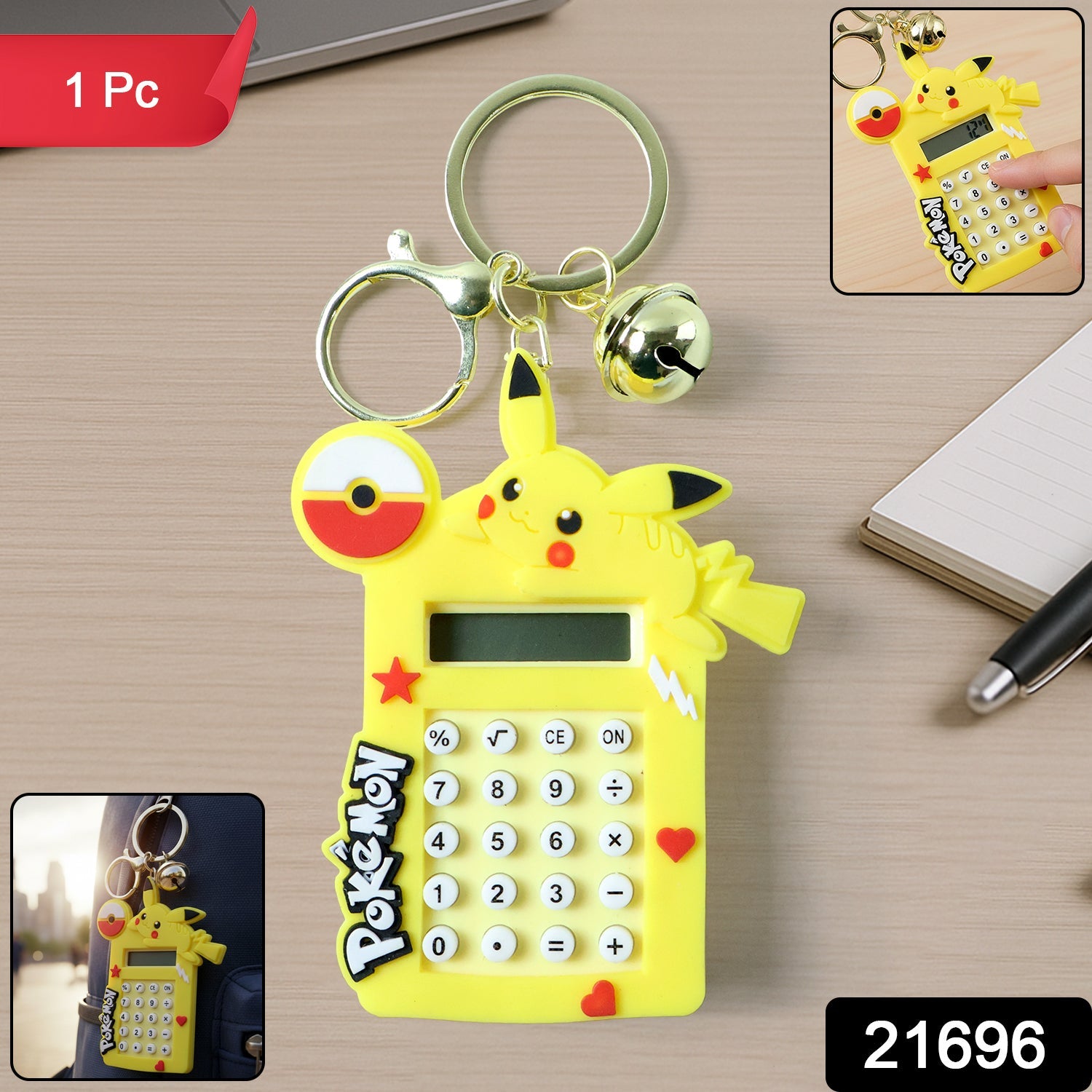 Close-up view of calculator keychain featuring mini digital screen and cartoon design