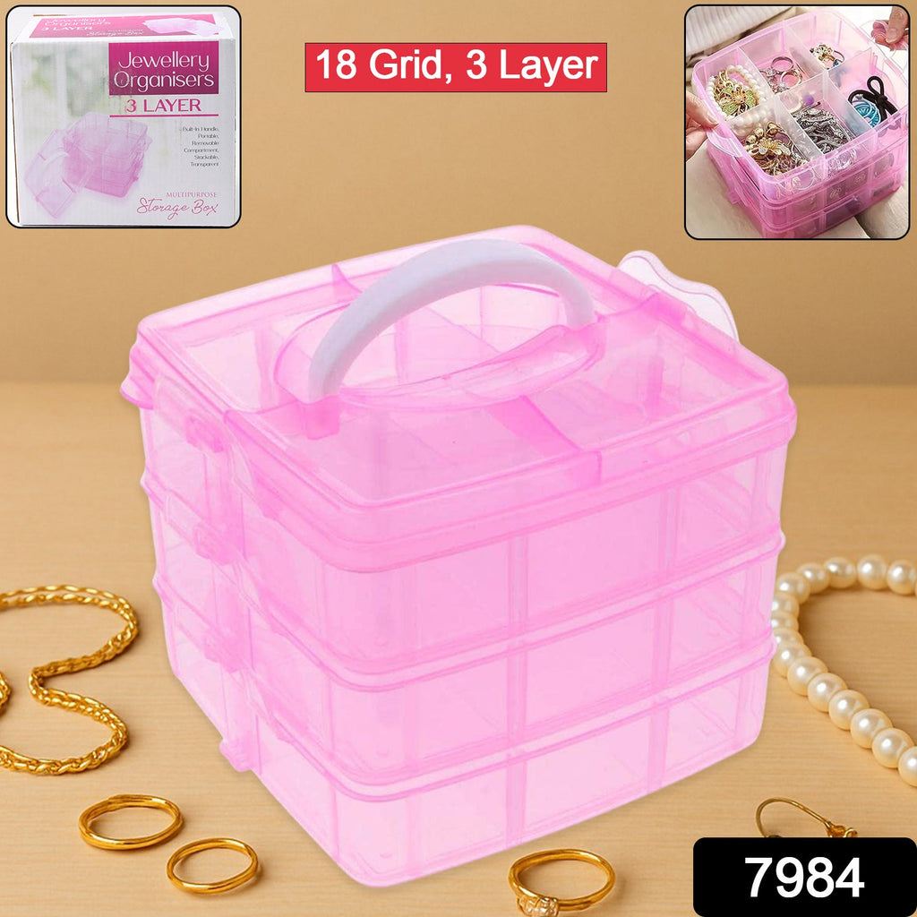 Top view of the transparent plastic organizer box showing 18 adjustable compartments.