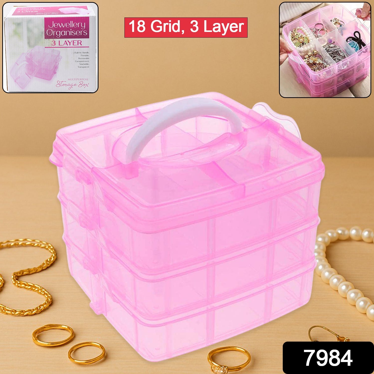 Top view of the transparent plastic organizer box showing 18 adjustable compartments.