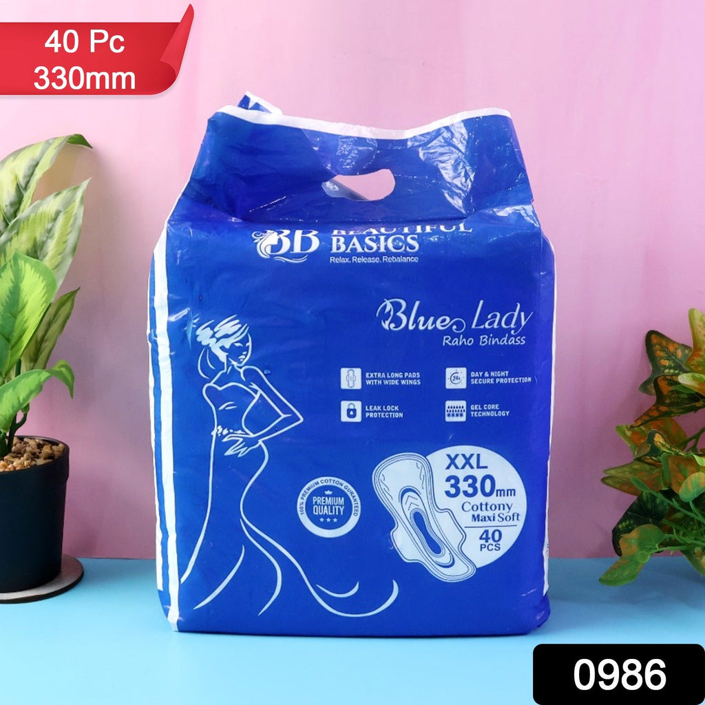 An open pack of  sanitary pads showing multiple individually wrapped pads, emphasizing the 40-pack value.