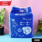 An open pack of  sanitary pads showing multiple individually wrapped pads, emphasizing the 40-pack value.