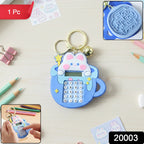 Close-up view of mini digital calculator on bunny keychain