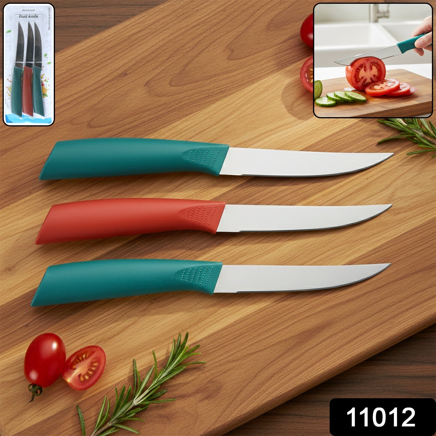 Three-piece stainless steel fruit knife set with ergonomic comfortable grips