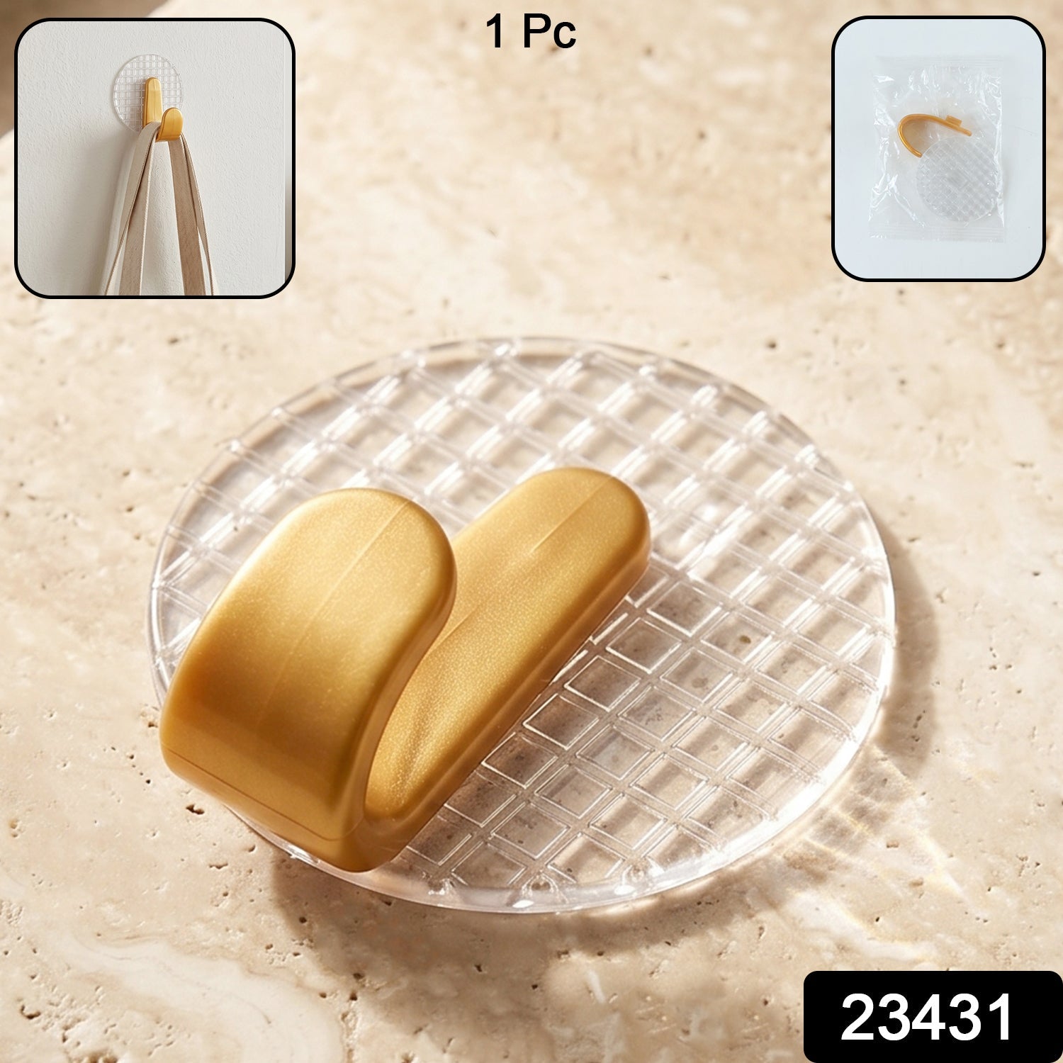 Close-up of a heavy-duty plastic wall hook with transparent round base and strong adhesive backing