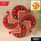Close-up of auspicious Swastik Shubh Labh acrylic wall hanging with intricate floral designs