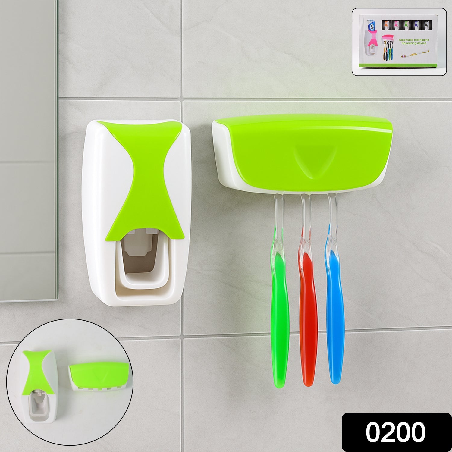 Close-up of toothpaste being dispensed automatically from the wall-mounted unit.