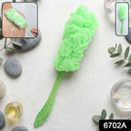Long handle back scrubber featuring a soft mesh sponge and ergonomic grip.