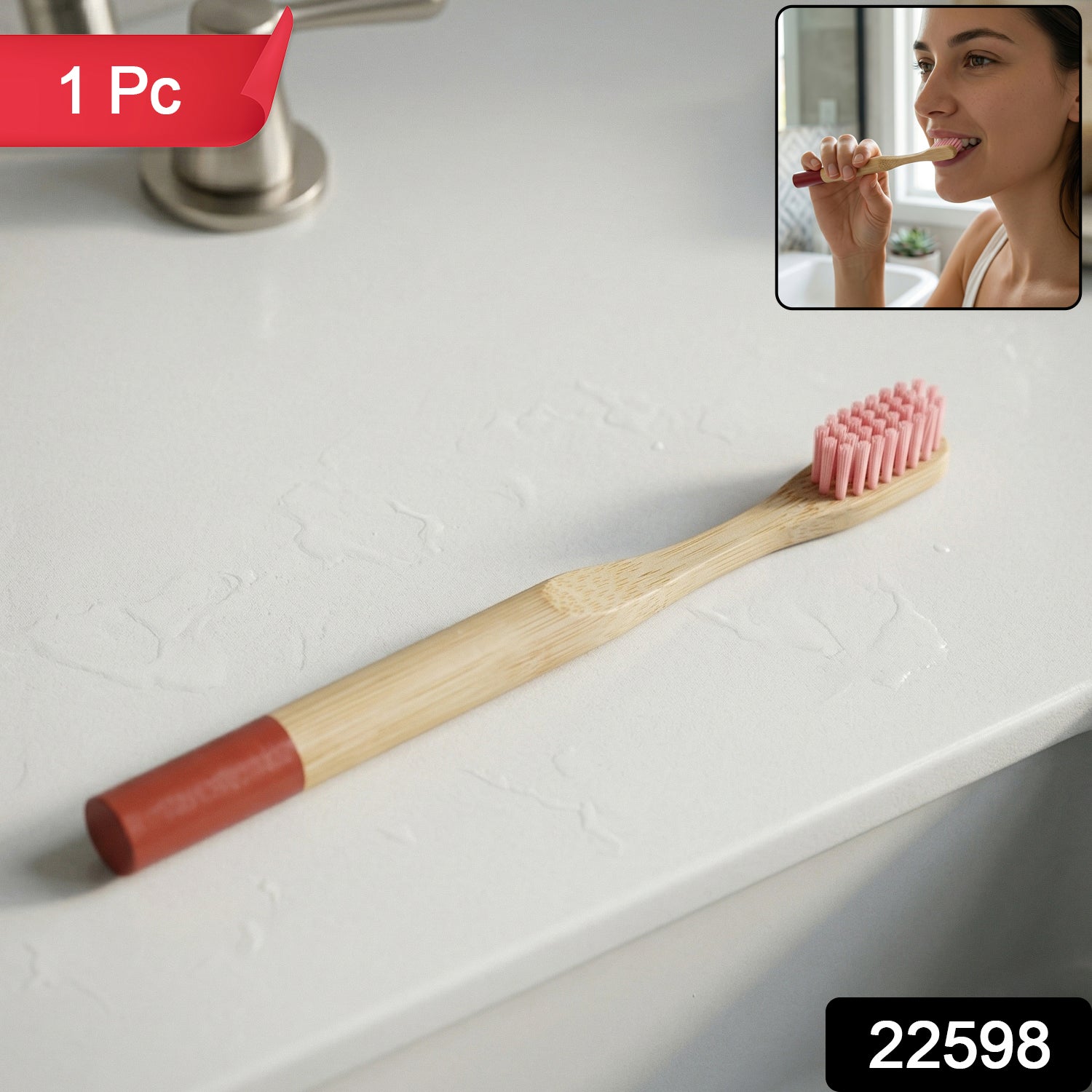 Front view of bamboo toothbrush with soft bristles