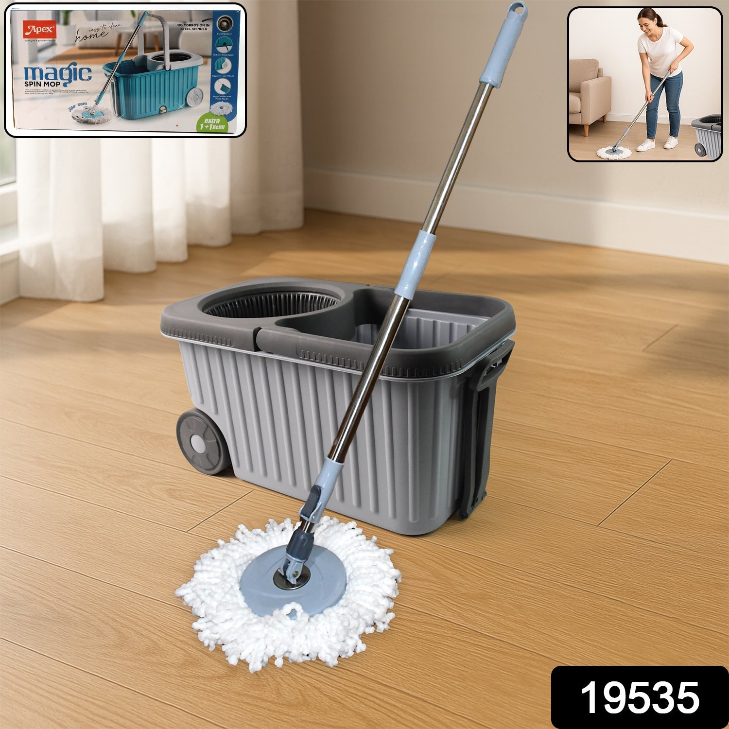 Hands-free spin mop with built-in wringer and smooth wheels