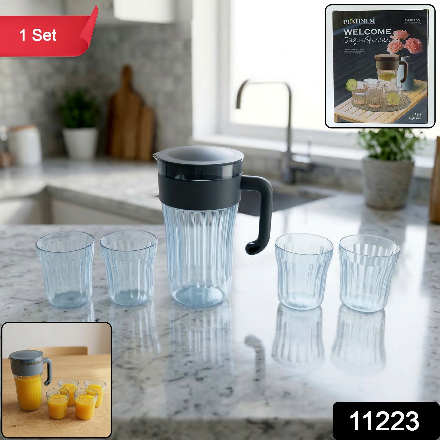 Juice serving jug with matching glasses in plastic